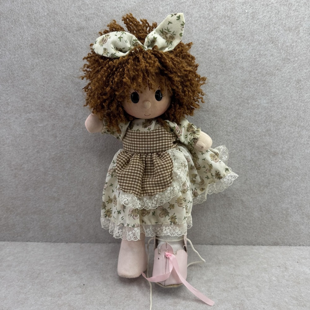 Girl Rag & Cloth Doll 14 In Brown‎ Curly Hair Black Eyes Soft Body Floral Lace